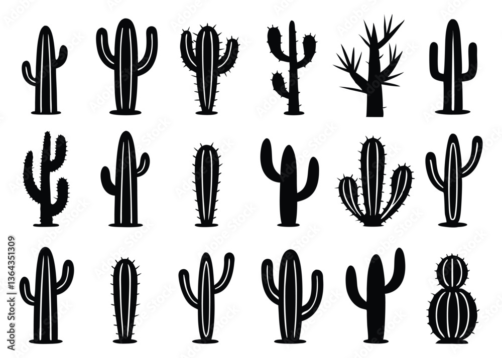 Fototapeta premium Different types of Cactus desert silhouettes set, Cactus icon vector bundle