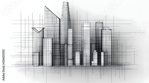 Urban Skyline Architectural Blueprint Design in Black and White Style