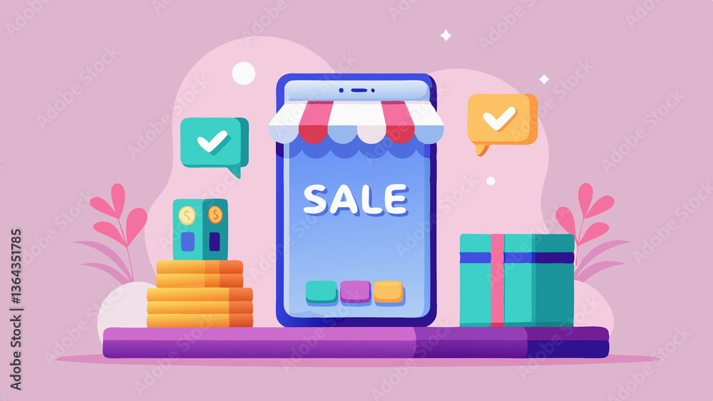 Fototapeta premium Stylized digital illustration representing an online sale or e-commerce concept with a smartphone storefront and a bold 
