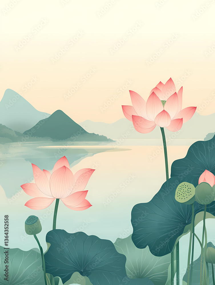Fototapeta premium Peaceful Lotus Pond Landscape Painting