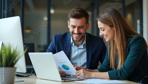 Wallpaper Mural Dynamic Executive Team Collaboration: Business Manager Presents Financial Results to Female Partner Using Laptop in Corporate Office Meeting - Stock Photo Concept with Space for Text Torontodigital.ca