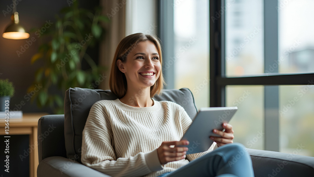 Joyful Relaxation: Young Woman Enjoys Wellbeing in Cozy Apartment - Beautiful Smiling Lady Lounging by Window in Modern Interior - Stock Photo Concept Joyful Relaxation: Young Woman Enjoys Wellbeing in Cozy Apartment - Beautiful Smiling Lady Lounging by Window in Modern Interior - Stock Photo Concept