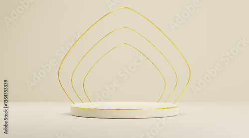 White round podium with golden curved lines rising in arches behind - minimalist stage platform display with metallic geometric decor. Elegant showcase setup for luxury product presentation.
