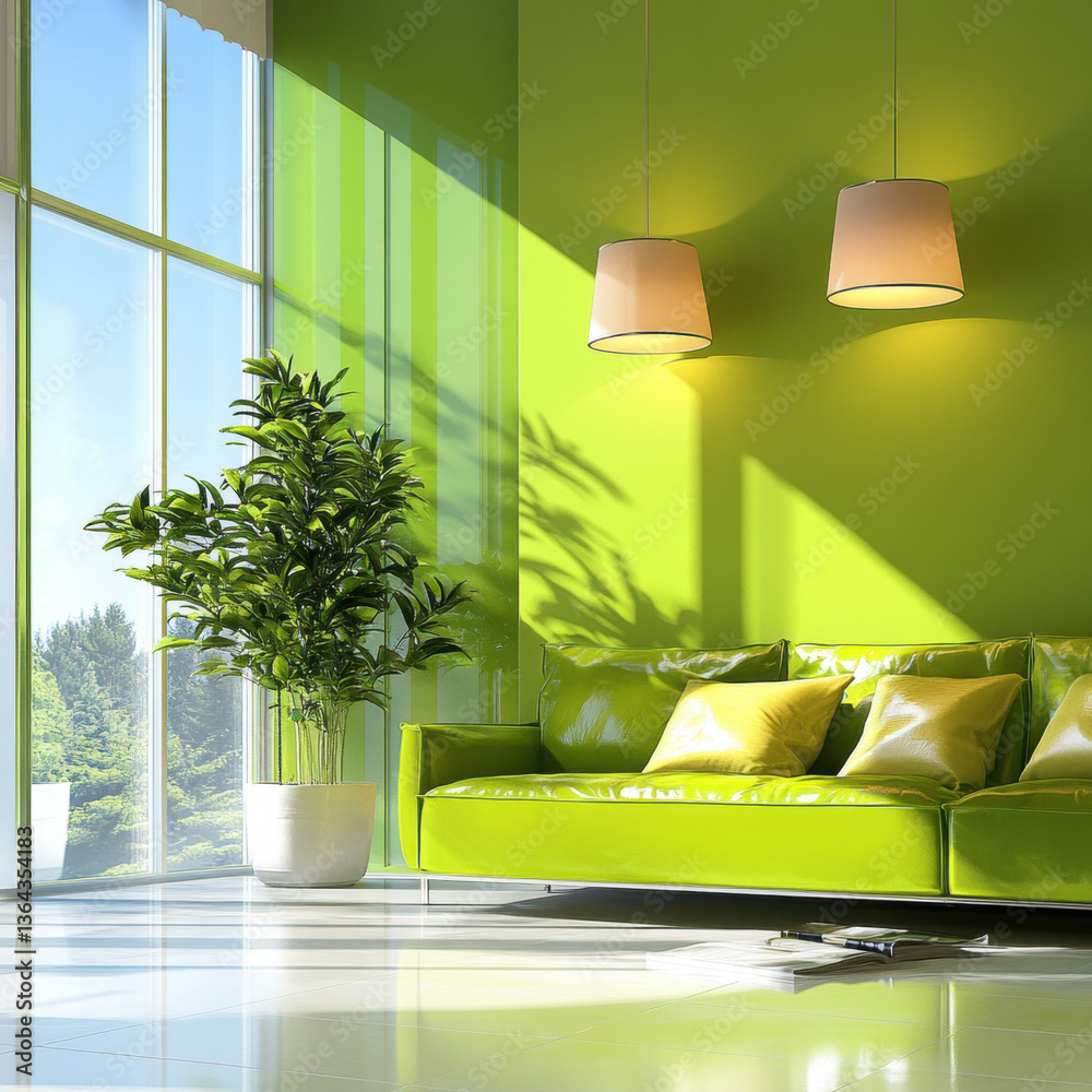 Fototapeta premium Modern living room with green sofa and stylish interior design featuring comfortable furniture, plants, and contemporary decor