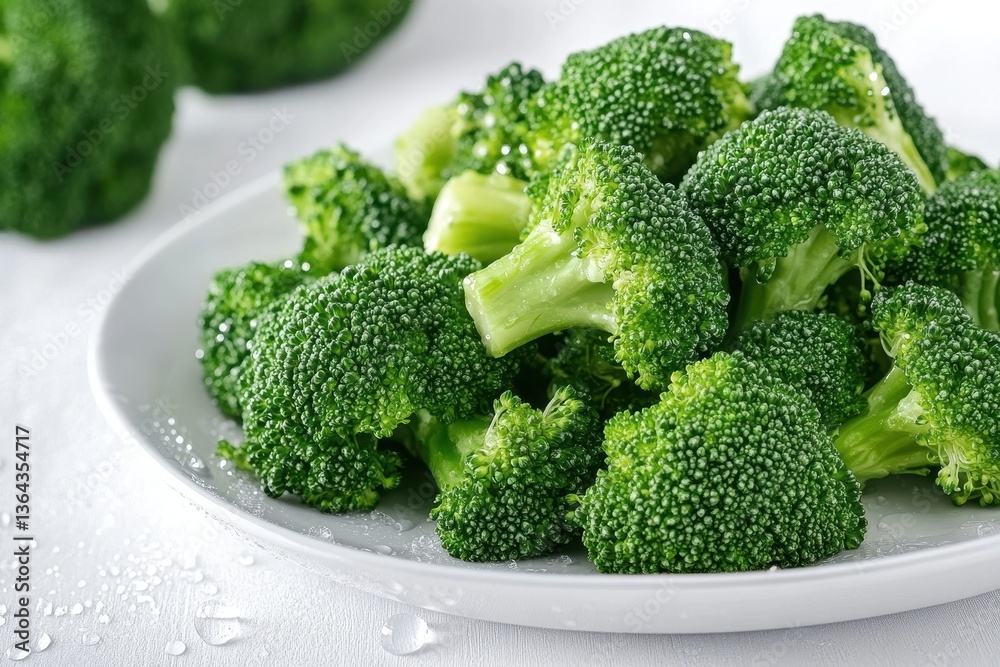 Fresh green broccoli florets on a white plate, some drops of water. Use to promote healthy eating, plant-based diets, or raw foods. Fresh green broccoli florets on a white plate, some drops of water. Use to promote healthy eating, plant-based diets, or raw foods.