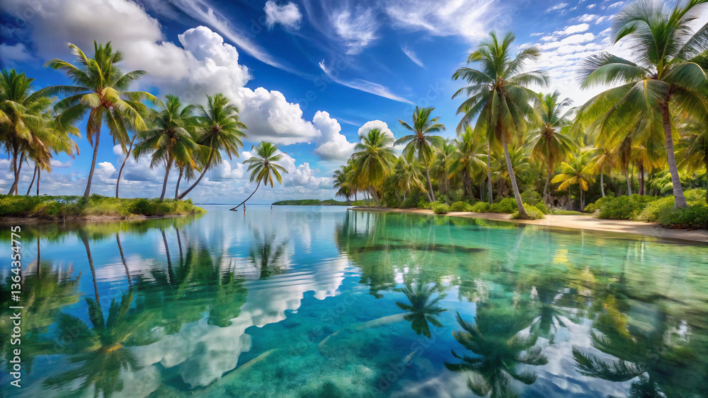 Tropical lagoon with palm trees reflecting in clear turquoise water beneath a vibrant cloudy sky.
Tropical lagoon with palm trees reflecting in clear turquoise water beneath a vibrant cloudy sky.