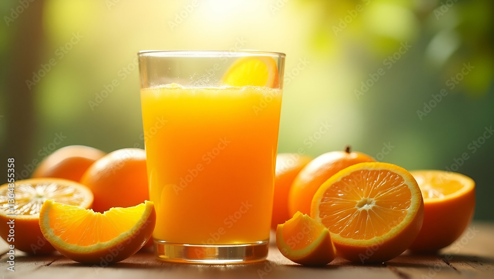 Freshly squeezed orange juice in a glass surrounded by vibrant oranges under bright sunlight showcasing freshness and vitality concept as Vibrant oranges encircle a glass of freshly squeezed orange ju Freshly squeezed orange juice in a glass surrounded by vibrant oranges under bright sunlight showcasing freshness and vitality concept as Vibrant oranges encircle a glass of freshly squeezed orange ju