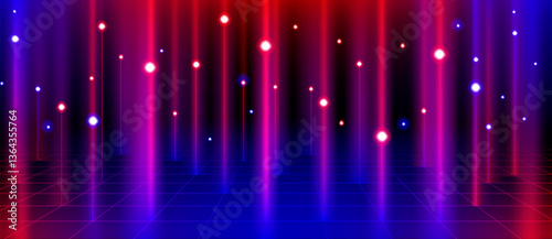 Futuristic abstract background with glowing neon vertical lines and floating dots. Ai big data technology concept, bright cyber grid design. Digital landscape, gradient mesh perspective illustration.
