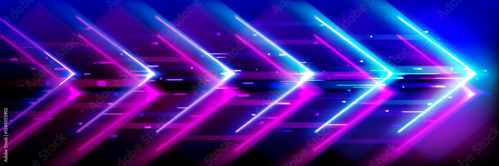 Neon glowing arrows showing forward, futuristic bright laser light stripes. Dynamic motion speed boost concept, pink blue optical flares. Cyber abstract technology background, shiny lines texture.