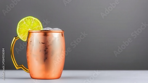 Refreshing Moscow Mule Cocktail in Copper Mug  Lime Garnish  Ice Cubes  Grey Background