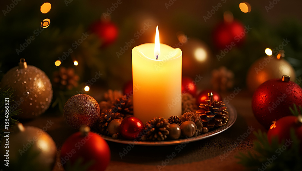 Elegant Candle Surrounded by Festive Holiday Decorations: Creating a Warm and Inviting Atmosphere with Graceful Placement and Cozy Ambiance in Stock Photo Concept Elegant Candle Surrounded by Festive Holiday Decorations: Creating a Warm and Inviting Atmosphere with Graceful Placement and Cozy Ambiance in Stock Photo Concept