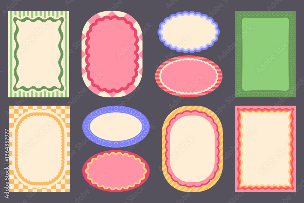 Groovy wavy border frames set - pastel colors frames with dot swirl patterns, checkered elements, oval scallop edges for retro 60s 70s design projects. Funky plaid colorful vector backgrounds.
