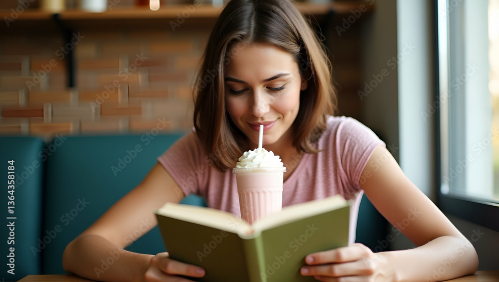 Cozy Flat Illustration: Woman Enjoying Milkshake While Reading a Book Cozy Flat Illustration: Woman Enjoying Milkshake While Reading a Book