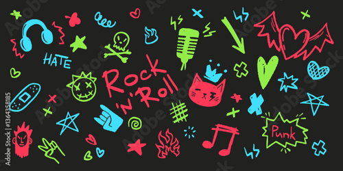 Neon punk rock doodle icons in vibrant colors. Various hand drawn music symbols and graffiti elements in energetic underground style for stickers, apparel or tattoo. Crayon or chalk textured shapes.