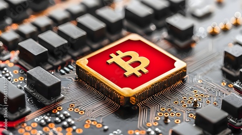 Bitcoin Symbol on Microprocessor with Circuit Board Background