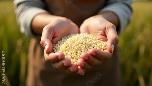 Close up of female farmer hands holding rice grains illustrating agricultural activity and rice cultivation process on farm. concept as Female farmer holding rice grains illustrating agricultural acti photo