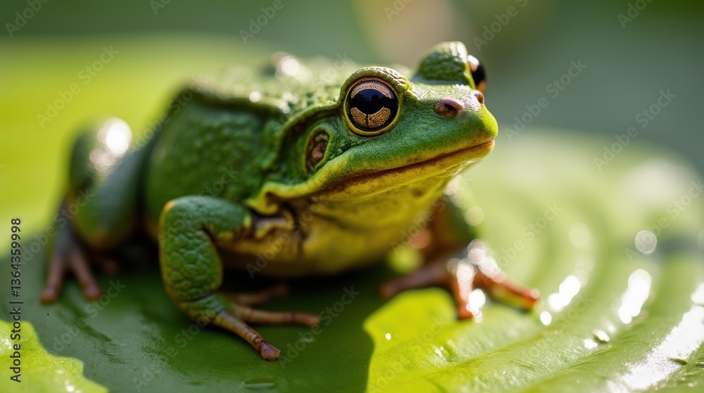 Close-up of a toad with vibrant green bumpy skin and sharp contours, sitting on a bright contrasting lily pad with water ripples around Close-up of a toad with vibrant green bumpy skin and sharp contours, sitting on a bright contrasting lily pad with water ripples around