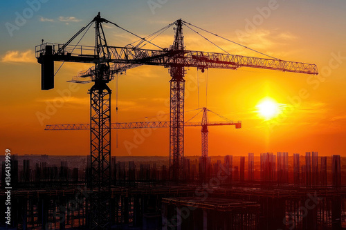 Construction site with cranes at sunset photo