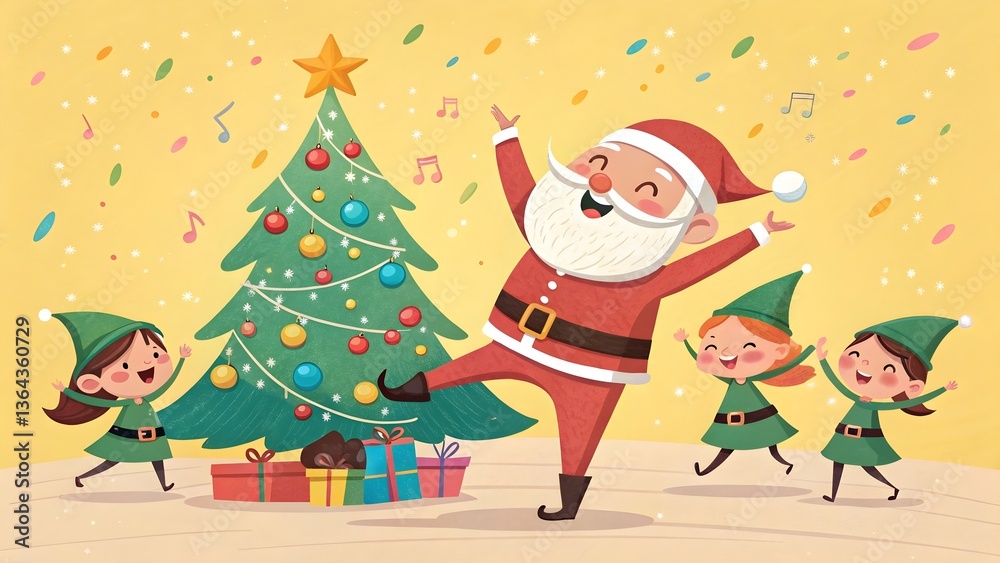 Naklejka premium Flat Merry Christmas illustration with Santa Claus and two cute pig elf companions decorating christmas tree 