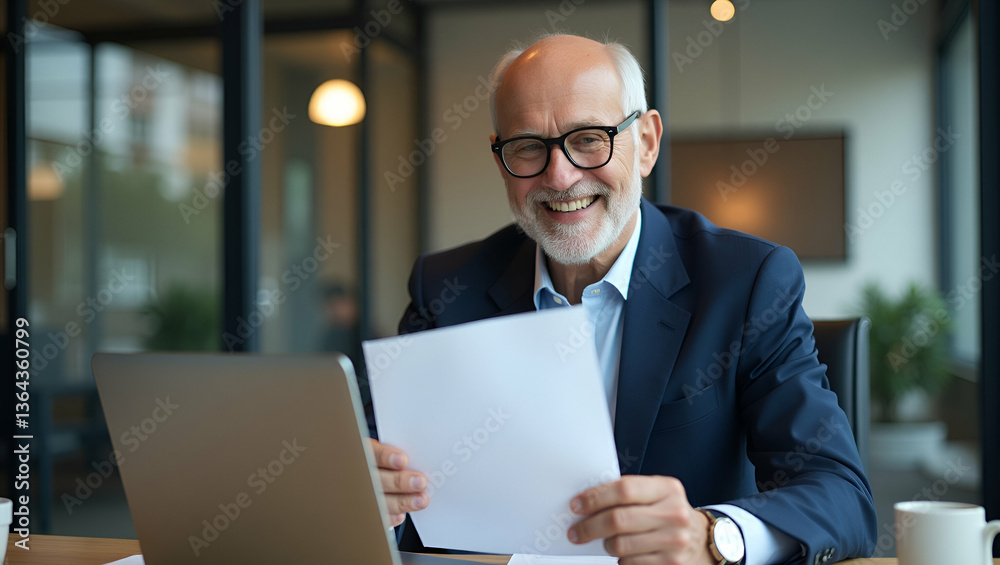 Happy Older Businessman Using Laptop and Reading Corporate Documents Happy Older Businessman Using Laptop and Reading Corporate Documents
