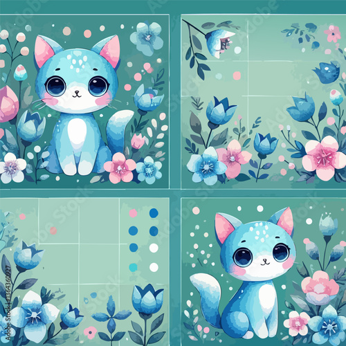 Vintage pattern with cartoon blue cats and pink flowers. Vector illustration, EPS 10 version.