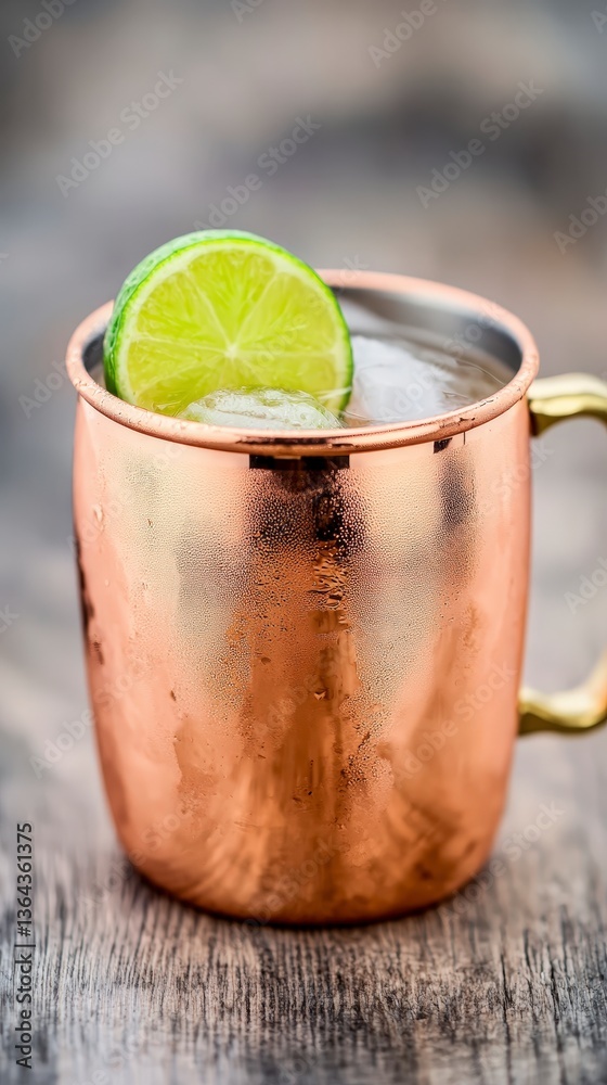 Fototapeta premium Iced Moscow Mule Cocktail in Copper Mug Lime Garnish Refreshing Drink