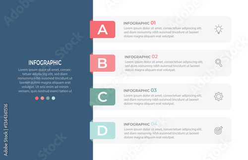 Vector Ilustration. Vertical infographic timeline 4 steps template. Milestone, Roadmap, Timeline, Business presentation.