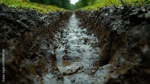 Deep muddy trench filled with rain water during a wet day