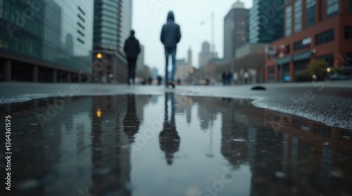 Wallpaper Mural Close-up of a puddle reflecting tall city buildings, gray sky above, wet pavement, urban rainy day aesthetic. Torontodigital.ca