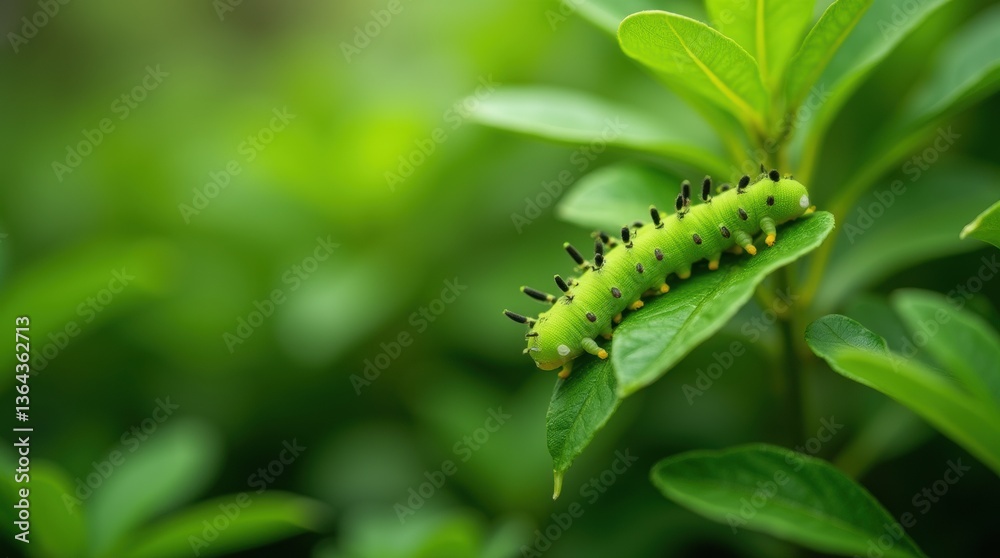 Fototapeta premium Bright green caterpillars crawling on lush leaves, vibrant forest floor background, natural wildlife concept