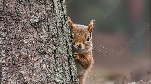 Curious Squirrel Peering from Behind Tree Bark in Forest Setting