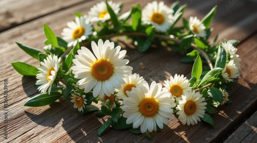 Obraz premium An artistic flat lay of a daisy flower crown with lush green leaves placed on a vivid, weathered wooden surface