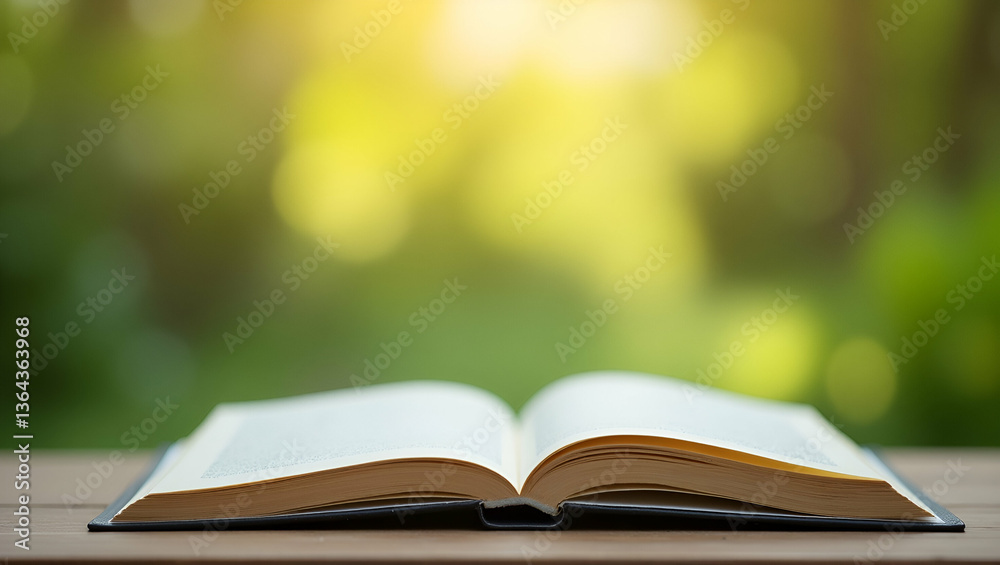 Close Up of Open Book in Home Garden: A Peaceful Outdoor Reading Environment with Nature Bokeh Close Up of Open Book in Home Garden: A Peaceful Outdoor Reading Environment with Nature Bokeh