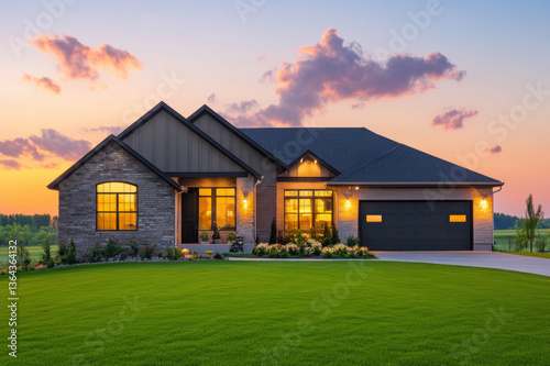 Village sunset with house in the countryside