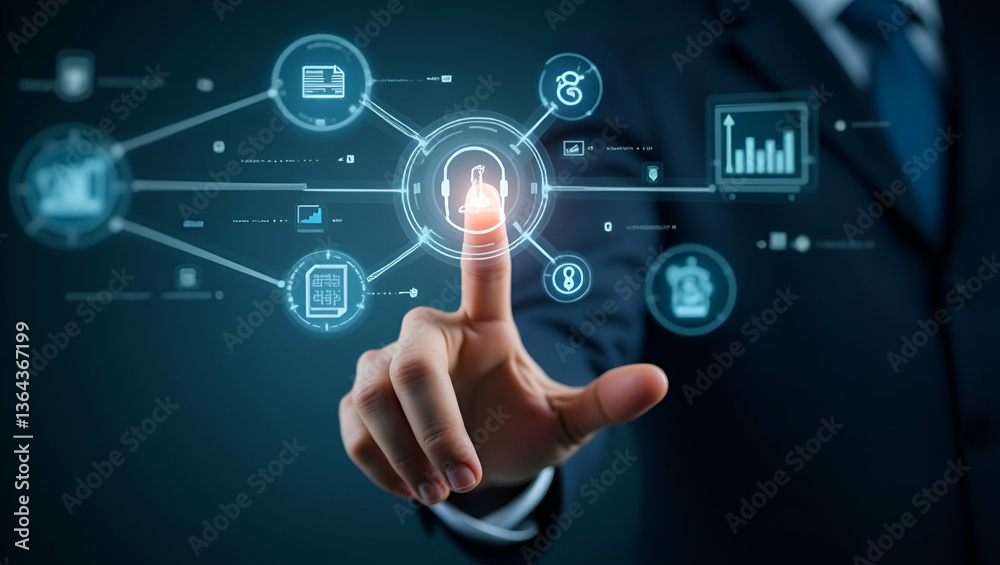 Hand Using Holographic Digital Marketing Interface for Customer Engagement Analytics Hand Using Holographic Digital Marketing Interface for Customer Engagement Analytics