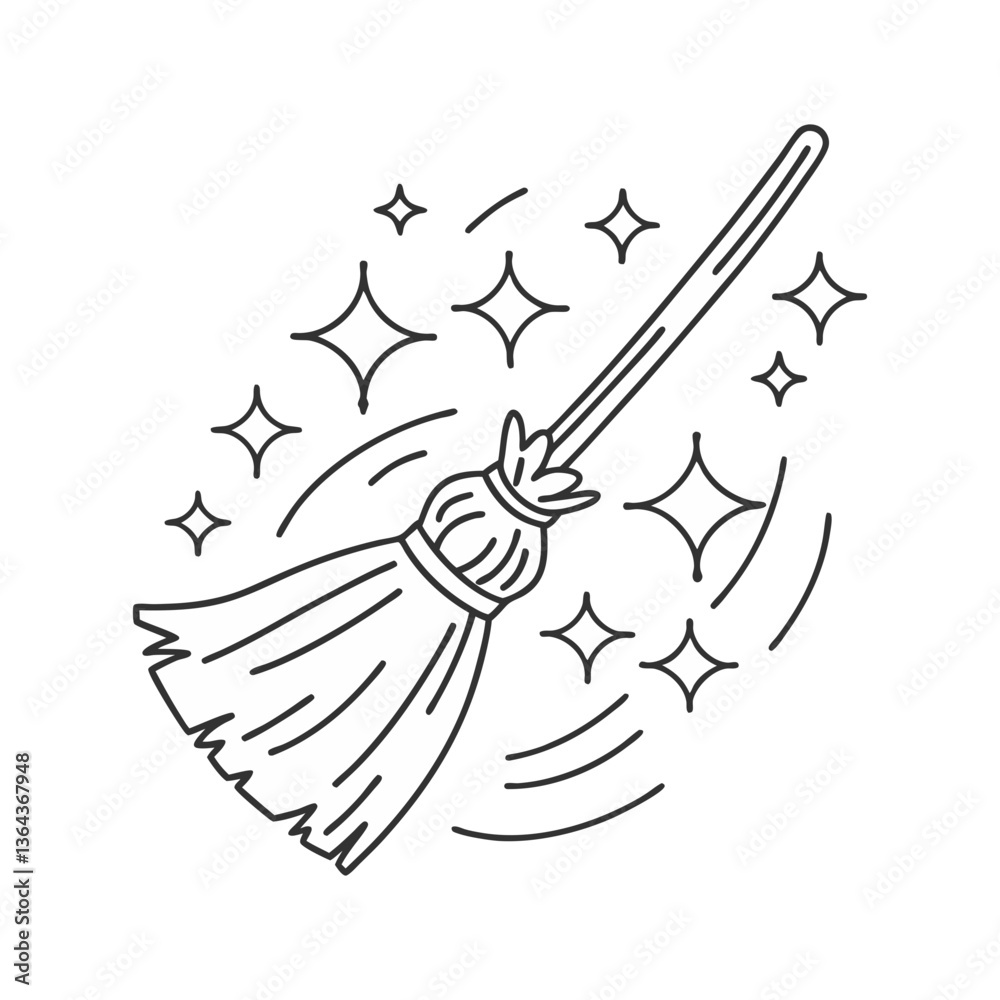 Flying broom vector with dynamic motion lines and sparkles, illustrated in a whimsical outlined style for magical, fantasy, or Halloween themes. Flying broom vector with dynamic motion lines and sparkles, illustrated in a whimsical outlined style for magical, fantasy, or Halloween themes.
