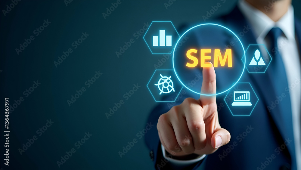 Businessman Highlighting SEM Icons on Digital Interface: A Visual Guide to Search Engine Marketing Strategies and Online Advertising Rankings with Space for Customization Businessman Highlighting SEM Icons on Digital Interface: A Visual Guide to Search Engine Marketing Strategies and Online Advertising Rankings with Space for Customization