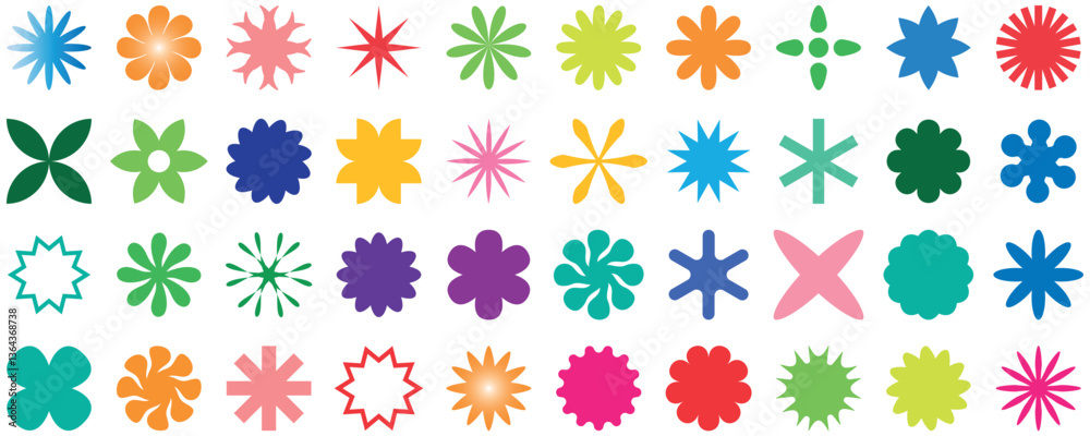 Abstract colorful geometric shapes. Flowers isolated on transparent background. groovy brutal figures. brutalist shape stickers, Circles and rectangles, Abstract colorful geometric shapes. Flowers isolated on transparent background. groovy brutal figures. brutalist shape stickers, Circles and rectangles,