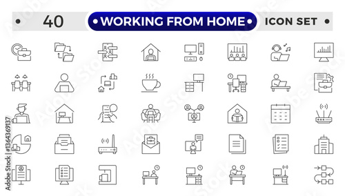 Working from home outline icon set. Containing remote work, work online, freelancing, home office, digital nomad, portfolio and more.