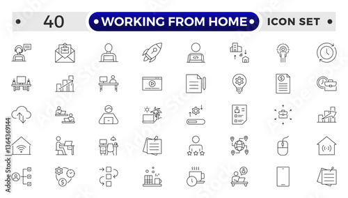 Working from home outline icon set. Containing remote work, work online, freelancing, home office, digital nomad, portfolio and more.
