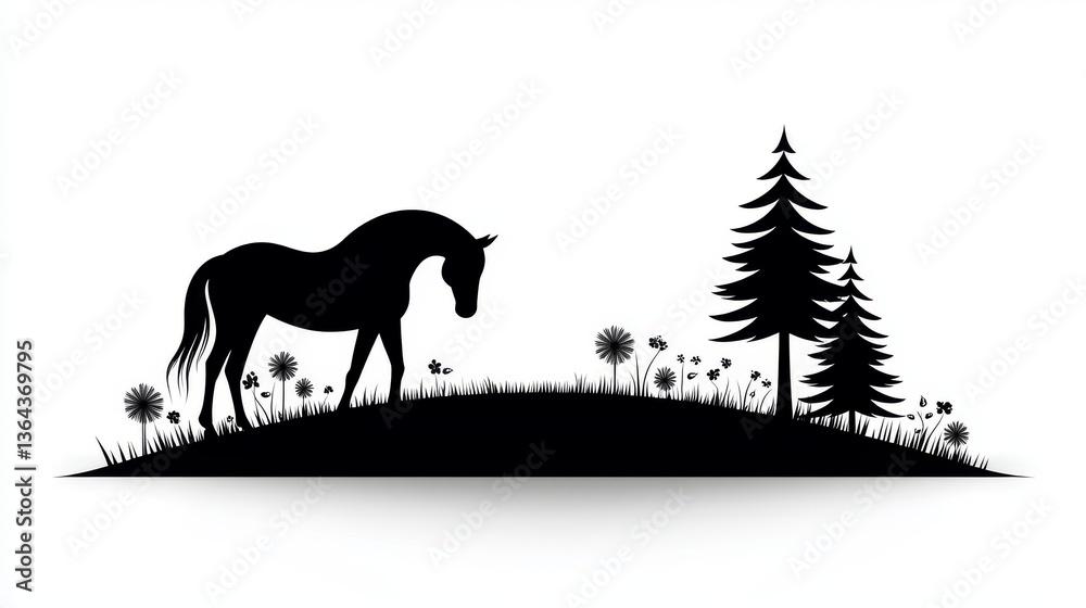 Fototapeta premium Serene Horse Silhouette in a Peaceful Meadow Landscape with Trees