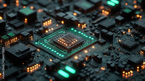 Complex circuit board with chips, lights and intricate wiring details. Showcases technology, computing power, and the future of innovation.