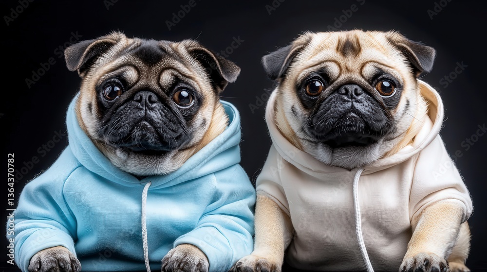 Fototapeta premium Adorable Pugs in Hoodies Studio Shot Pet Fashion Cute Dogs