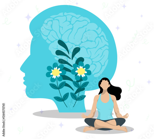 A woman is doing yoga for mind relaxation beside on cyan silhouette of the head. Meditation mind to feel confident, relax, accept, love herself, mindfulness, positive thinking. Mental health concept. 