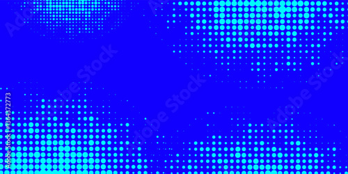 Blue halftone pattern. Blue background with circular dots mix combination. Bright blue pixel dotted texture overlay. Cartoon pop art faded gradient pattern
