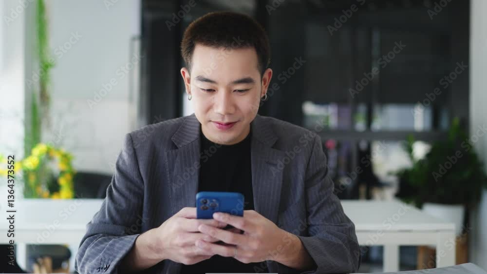 Young adult male use smart phone at workplace for online web internet search Young adult male use smart phone at workplace for online web internet search