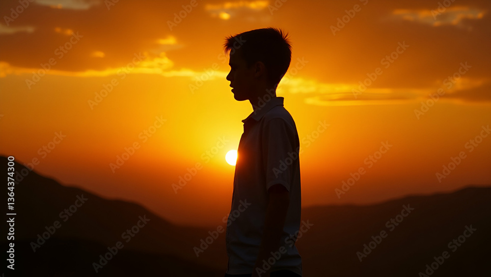Flat Boy standing grudge sunset view silhouette concept illustrating emotional stance and scenic background in artistic photography. concept as Boy standing against sunset view silhouette concept illu Flat Boy standing grudge sunset view silhouette concept illustrating emotional stance and scenic background in artistic photography. concept as Boy standing against sunset view silhouette concept illu