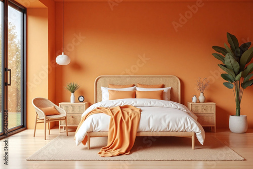 bedroom with orange walls and a rattan bed