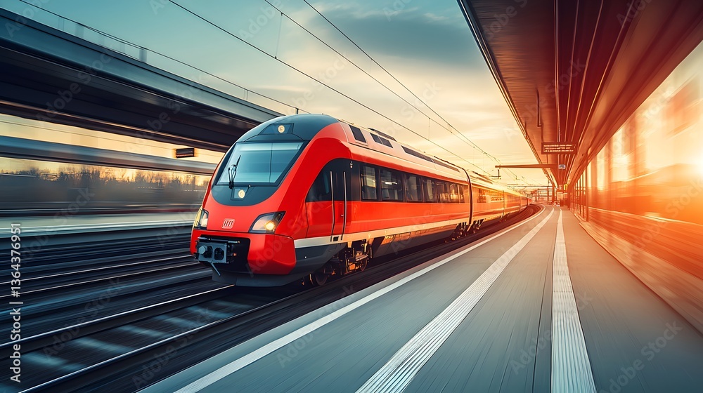 Modern Red Train Accelerating Through Urban Train Station at Sunset