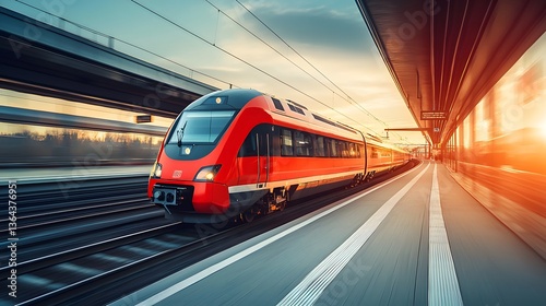 Obraz na płótnie Modern Red Train Accelerating Through Urban Train Station at Sunset w salonie